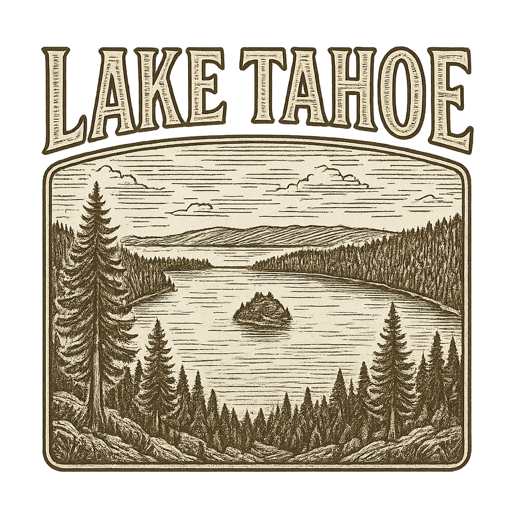 A typographic, nostalgic graphic of a typographic illustration of the words 'lake tahoe' with a vintage line art drawing of the emerald bay – a t-shirt design