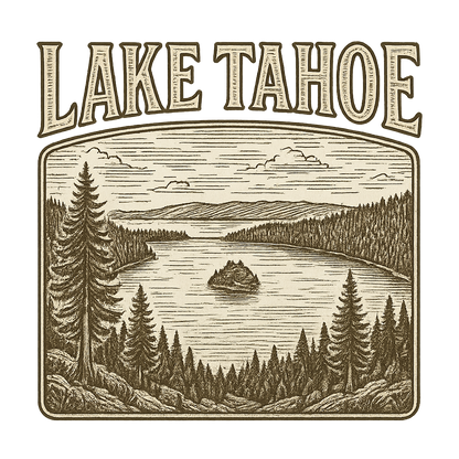 A typographic, nostalgic graphic of a typographic illustration of the words 'lake tahoe' with a vintage line art drawing of the emerald bay – a t-shirt design
