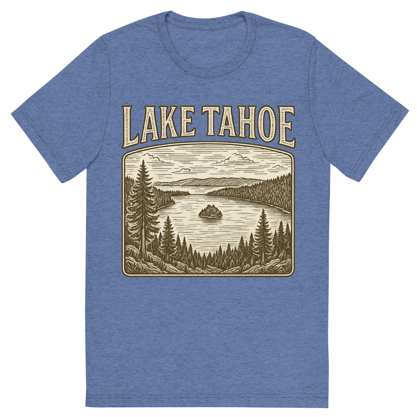 Front view of a Premium Tri-Blend Crew Neck T-Shirt in Blue showing 'A typographic, nostalgic graphic of a typographic illustration of the words 'lake tahoe' with a vintage line art drawing of the emerald bay'