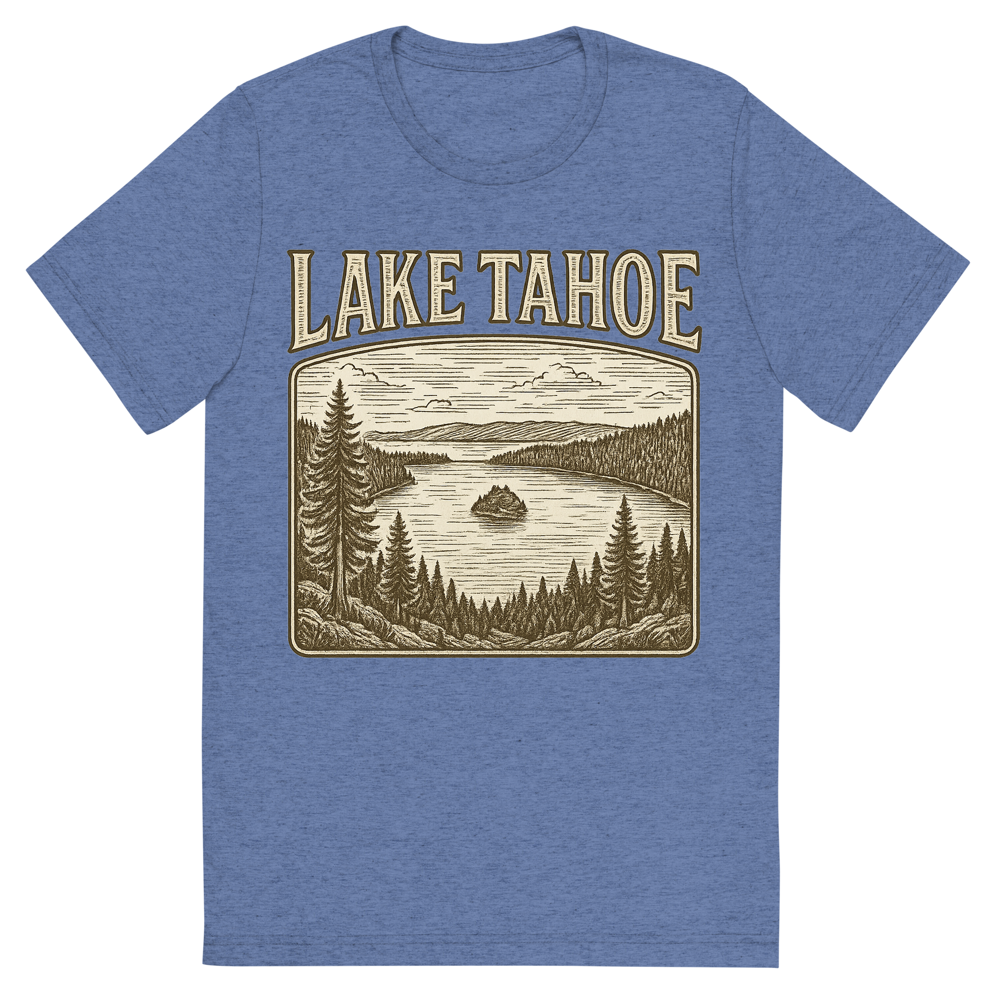 Front view of a Premium Tri-Blend Crew Neck T-Shirt in Blue showing 'A typographic, nostalgic graphic of a typographic illustration of the words 'lake tahoe' with a vintage line art drawing of the emerald bay'