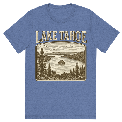 Front view of a Premium Tri-Blend Crew Neck T-Shirt in Blue showing 'A typographic, nostalgic graphic of a typographic illustration of the words 'lake tahoe' with a vintage line art drawing of the emerald bay'
