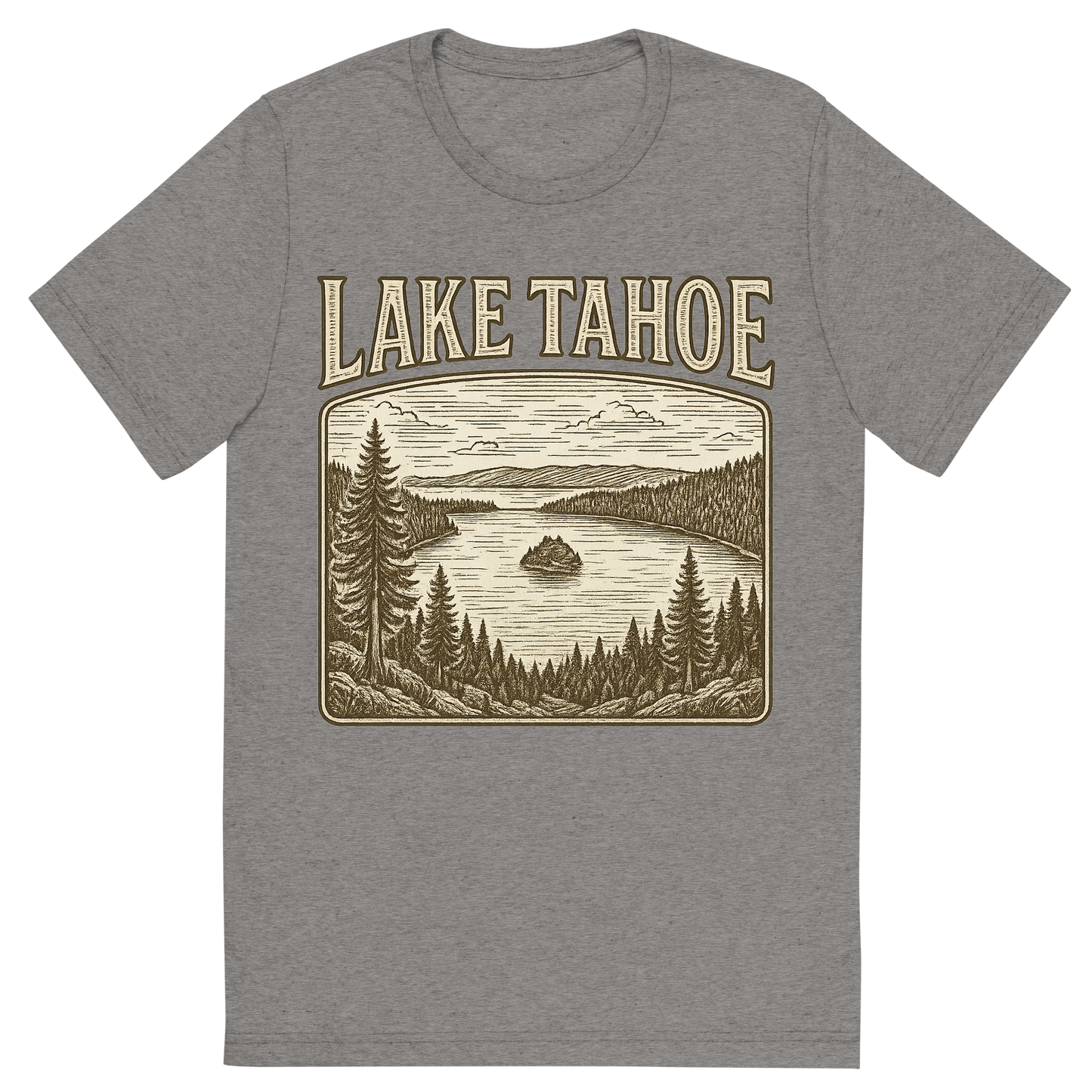 Front view of a Premium Tri-Blend Crew Neck T-Shirt in Grey showing 'A typographic, nostalgic graphic of a typographic illustration of the words 'lake tahoe' with a vintage line art drawing of the emerald bay'