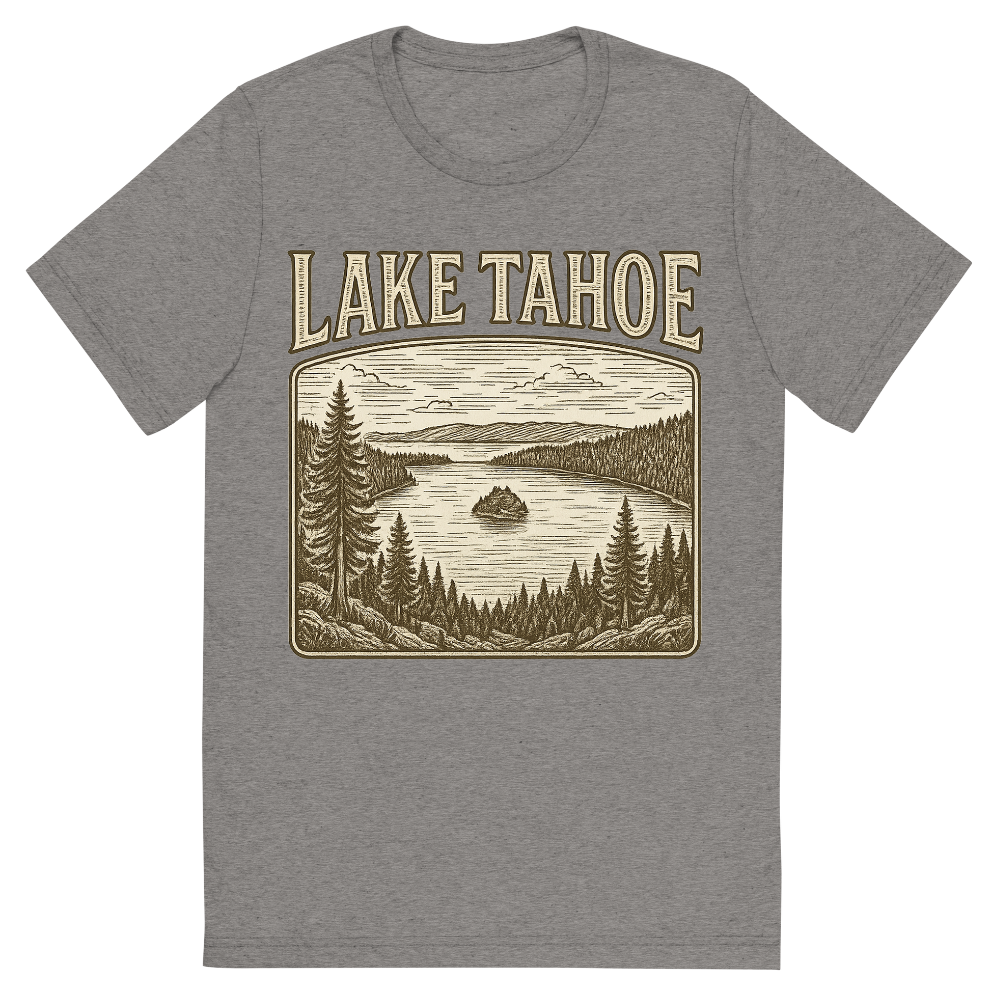 Front view of a Premium Tri-Blend Crew Neck T-Shirt in Grey showing 'A typographic, nostalgic graphic of a typographic illustration of the words 'lake tahoe' with a vintage line art drawing of the emerald bay'