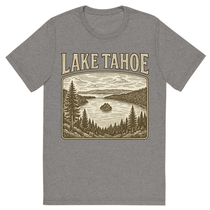 Front view of a Premium Tri-Blend Crew Neck T-Shirt in Grey showing 'A typographic, nostalgic graphic of a typographic illustration of the words 'lake tahoe' with a vintage line art drawing of the emerald bay'