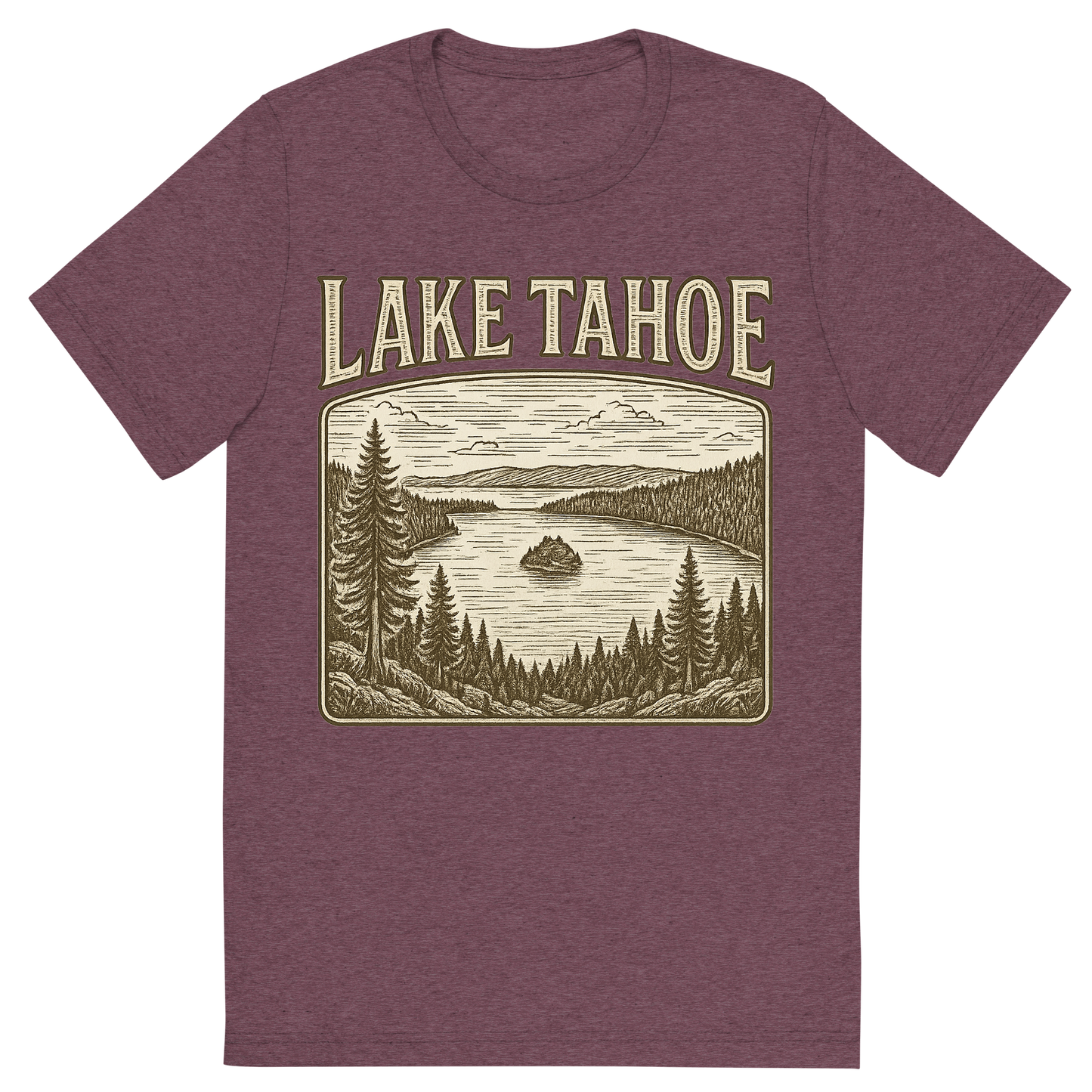 Front view of a Premium Tri-Blend Crew Neck T-Shirt in Maroon showing 'A typographic, nostalgic graphic of a typographic illustration of the words 'lake tahoe' with a vintage line art drawing of the emerald bay'