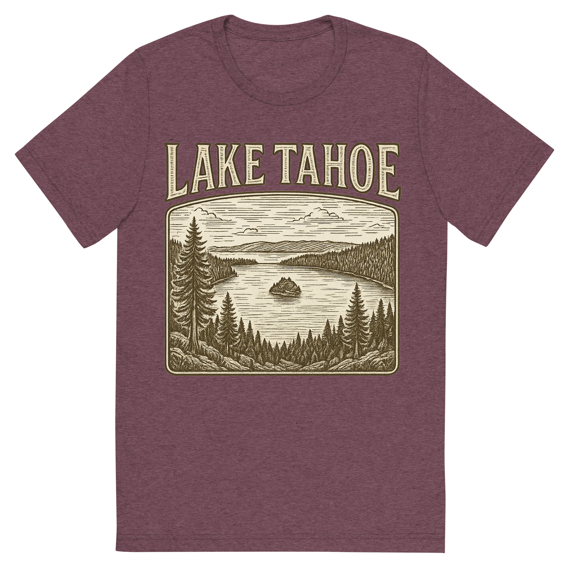 Front view of a Premium Tri-Blend Crew Neck T-Shirt in Maroon showing 'A typographic, nostalgic graphic of a typographic illustration of the words 'lake tahoe' with a vintage line art drawing of the emerald bay'