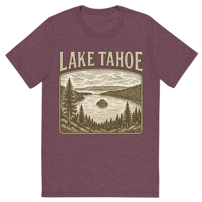 Front view of a Premium Tri-Blend Crew Neck T-Shirt in Maroon showing 'A typographic, nostalgic graphic of a typographic illustration of the words 'lake tahoe' with a vintage line art drawing of the emerald bay'