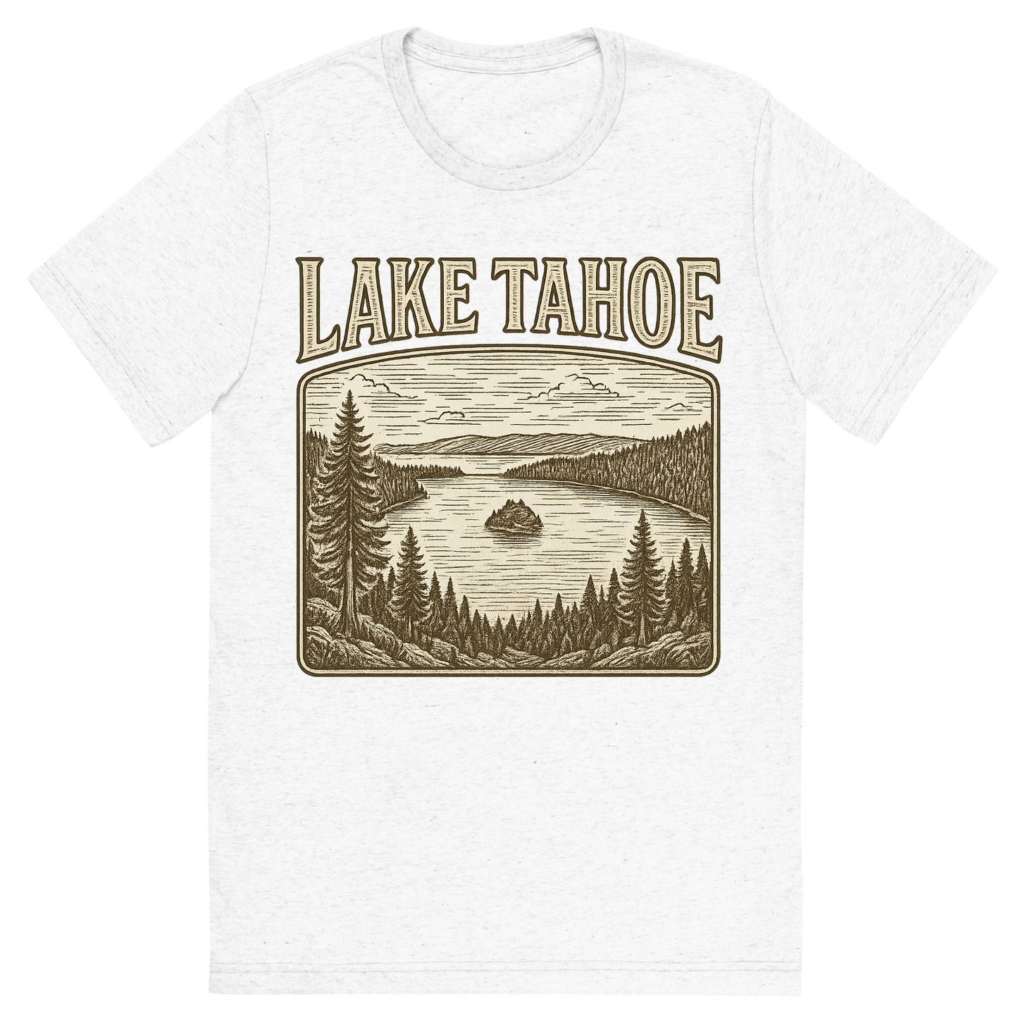 Front view of a Premium Tri-Blend Crew Neck T-Shirt in Solid White showing 'A typographic, nostalgic graphic of a typographic illustration of the words 'lake tahoe' with a vintage line art drawing of the emerald bay'