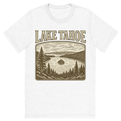 Front view of a Premium Tri-Blend Crew Neck T-Shirt in Solid White showing 'A typographic, nostalgic graphic of a typographic illustration of the words 'lake tahoe' with a vintage line art drawing of the emerald bay'