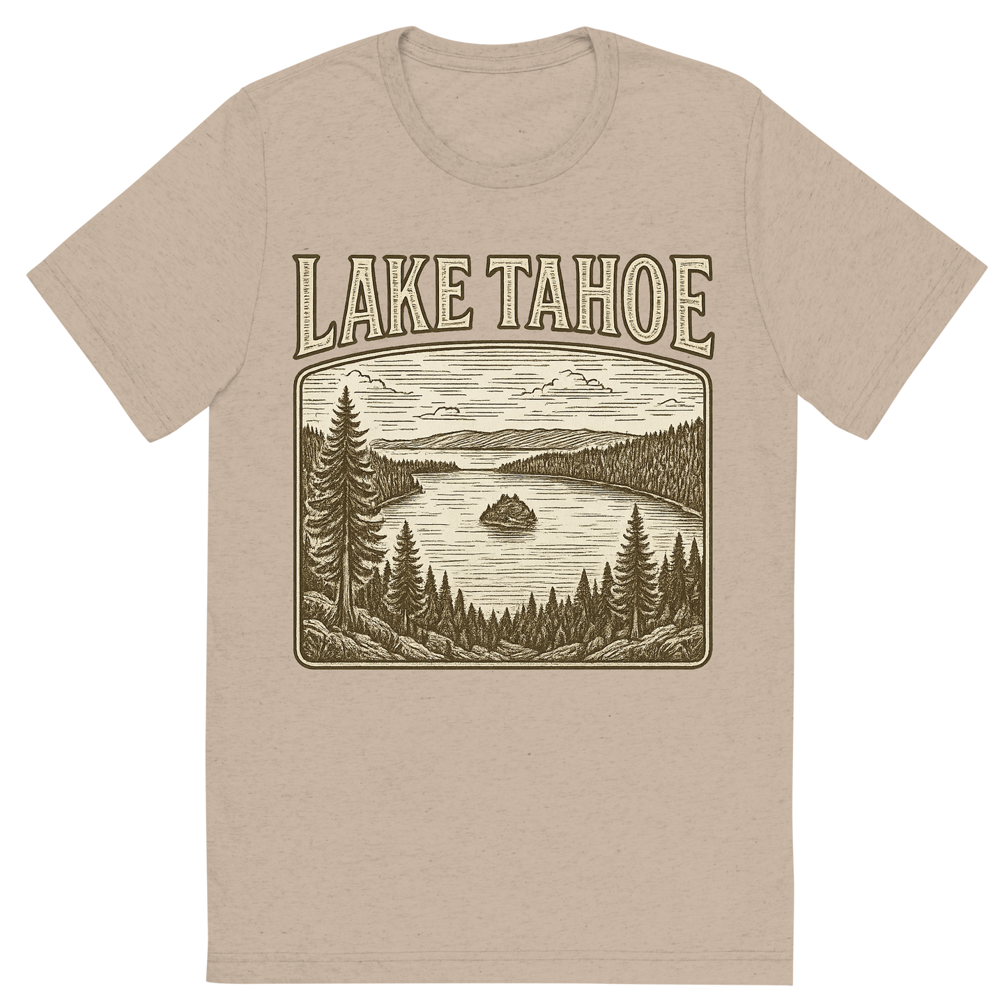 Front view of a Premium Tri-Blend Crew Neck T-Shirt in Tan showing 'A typographic, nostalgic graphic of a typographic illustration of the words 'lake tahoe' with a vintage line art drawing of the emerald bay'