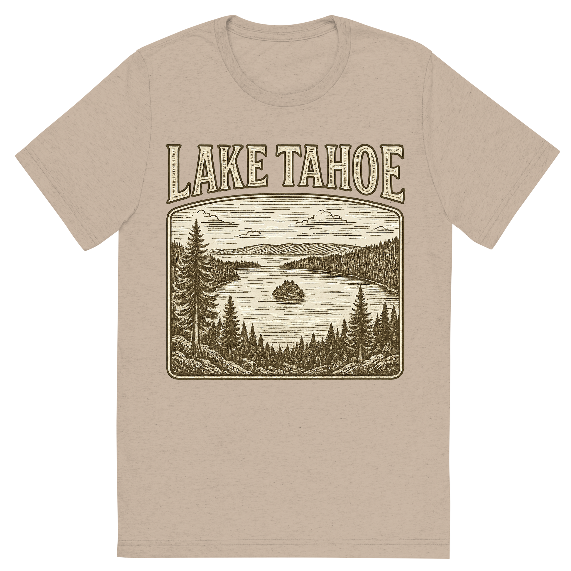 Front view of a Premium Tri-Blend Crew Neck T-Shirt in Tan showing 'A typographic, nostalgic graphic of a typographic illustration of the words 'lake tahoe' with a vintage line art drawing of the emerald bay'
