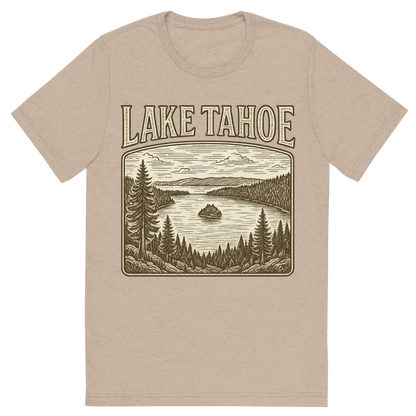 Front view of a Premium Tri-Blend Crew Neck T-Shirt in Tan showing 'A typographic, nostalgic graphic of a typographic illustration of the words 'lake tahoe' with a vintage line art drawing of the emerald bay'