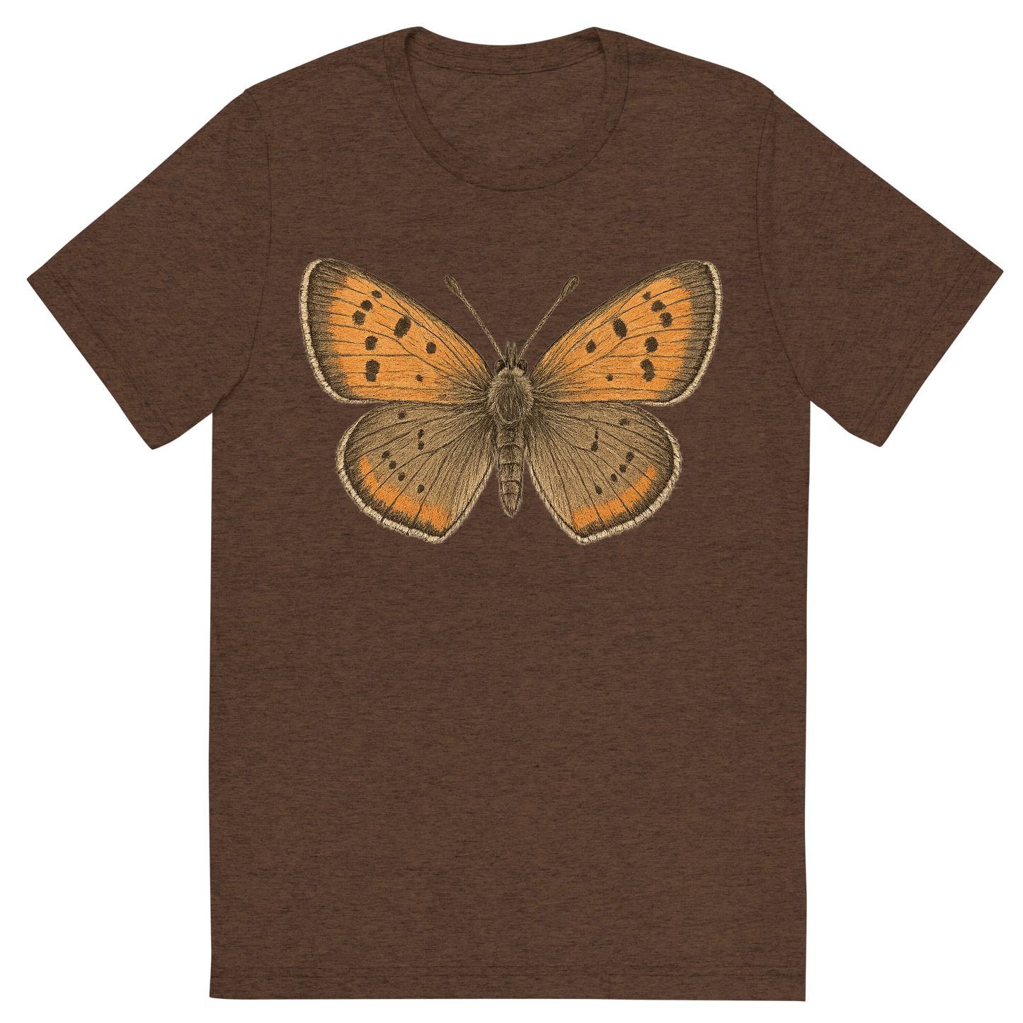 Front view of a Premium Tri-Blend Crew Neck T-Shirt in Brown showing 'A hand-drawn, tranquil graphic of american copper butterfly'