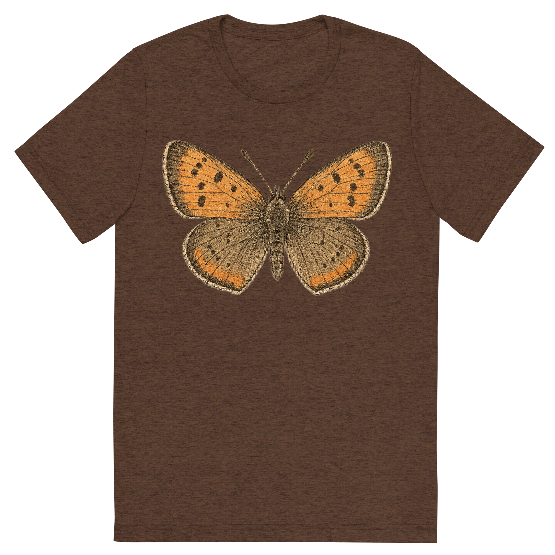 Front view of a Premium Tri-Blend Crew Neck T-Shirt in Brown showing 'A hand-drawn, tranquil graphic of american copper butterfly'