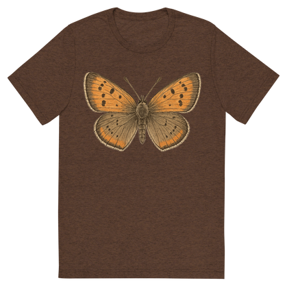 Front view of a Premium Tri-Blend Crew Neck T-Shirt in Brown showing 'A hand-drawn, tranquil graphic of american copper butterfly'
