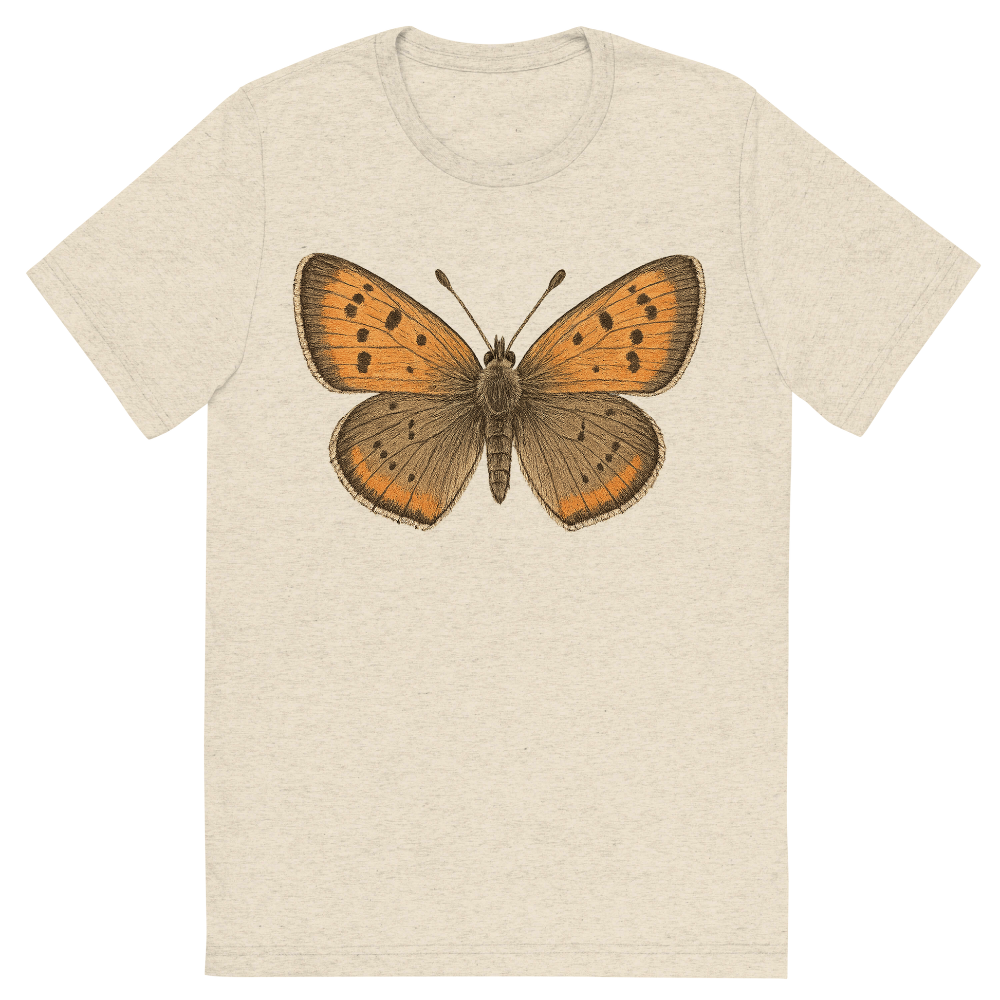 Front view of a Premium Tri-Blend Crew Neck T-Shirt in Oatmeal showing 'A hand-drawn, tranquil graphic of american copper butterfly'