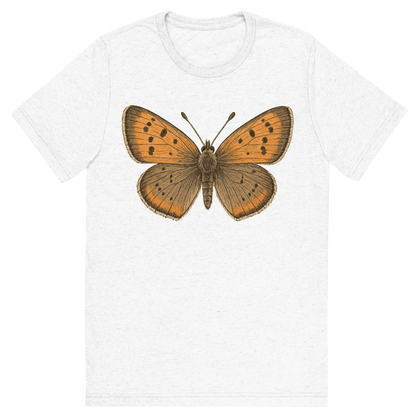 Front view of a Premium Tri-Blend Crew Neck T-Shirt in Solid White showing 'A hand-drawn, tranquil graphic of american copper butterfly'