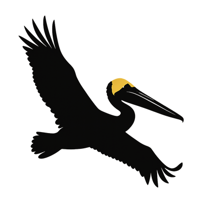 A high-contrast silhouette with minimal accent color, majestic graphic of a large silhouette of a brown pelican gliding with wings stretched and pouch visible, yellow crown highlighted in color, transparent background, optimized for dtg printing - a t-shirt design