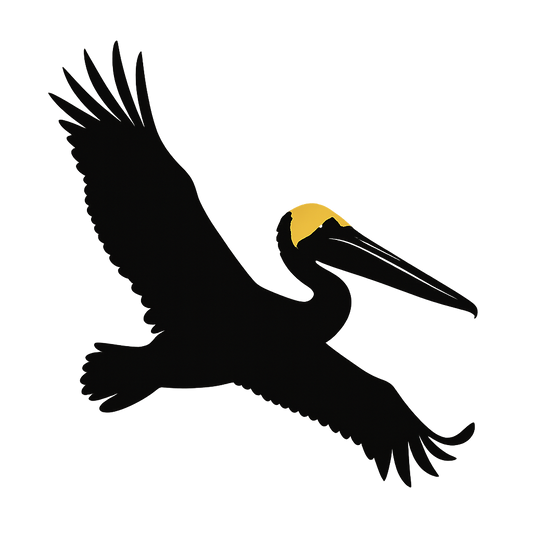 A high-contrast silhouette with minimal accent color, majestic graphic of a large silhouette of a brown pelican gliding with wings stretched and pouch visible, yellow crown highlighted in color, transparent background, optimized for dtg printing - a t-shirt design