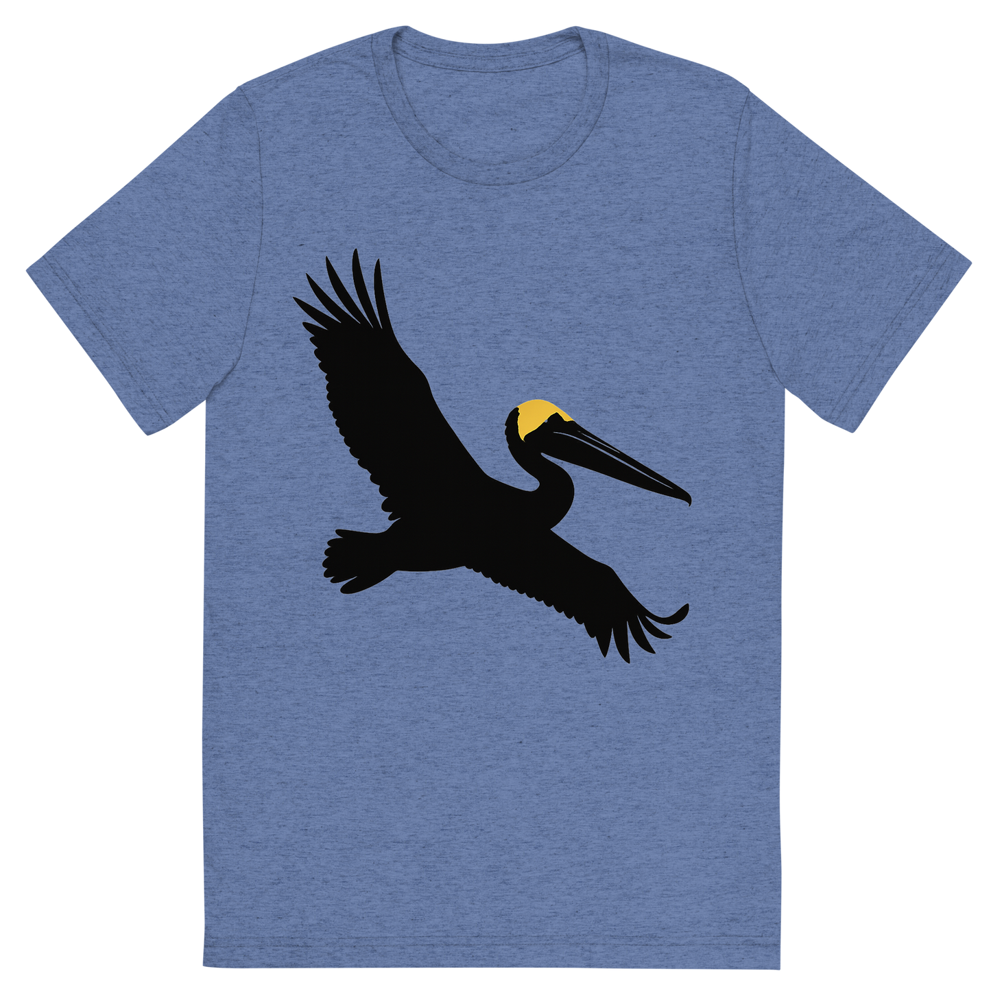 Front view of a Premium Tri-Blend Crew Neck T-Shirt in Blue showing 'A high-contrast silhouette with minimal accent color, majestic graphic of a large silhouette of a brown pelican gliding with wings stretched and pouch visible, yellow crown highlighted in color, transparent background, optimized for dtg printing'