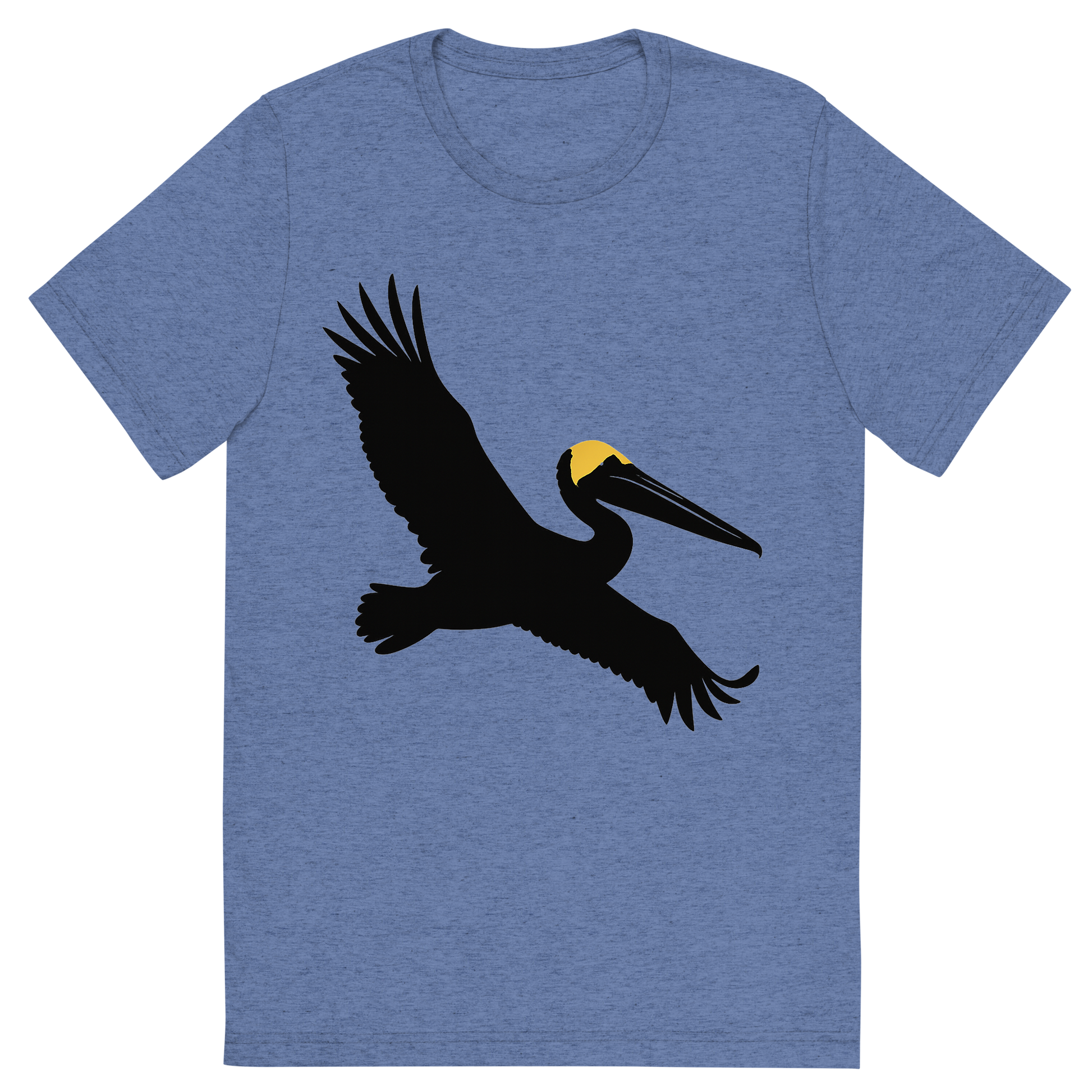 Front view of a Premium Tri-Blend Crew Neck T-Shirt in Blue showing 'A high-contrast silhouette with minimal accent color, majestic graphic of a large silhouette of a brown pelican gliding with wings stretched and pouch visible, yellow crown highlighted in color, transparent background, optimized for dtg printing'