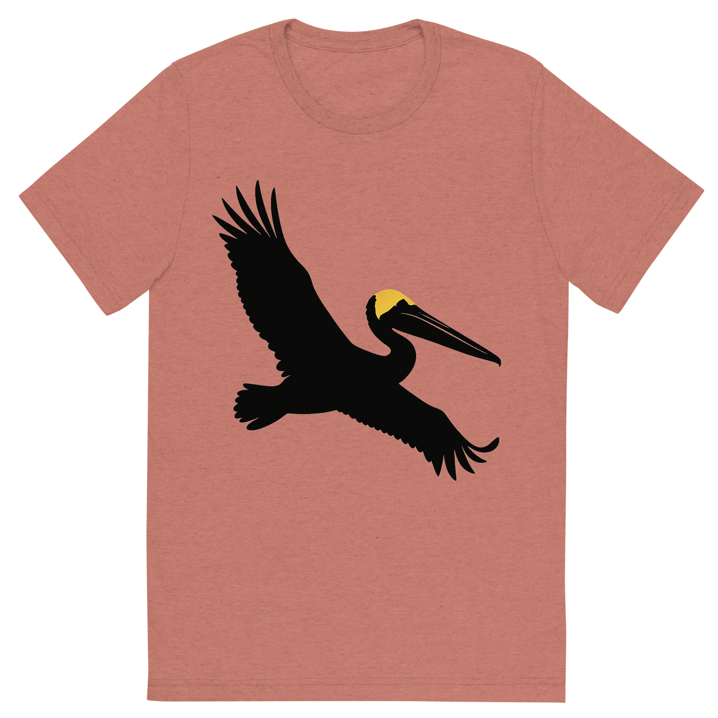 Front view of a Premium Tri-Blend Crew Neck T-Shirt in Mauve showing 'A high-contrast silhouette with minimal accent color, majestic graphic of a large silhouette of a brown pelican gliding with wings stretched and pouch visible, yellow crown highlighted in color, transparent background, optimized for dtg printing'