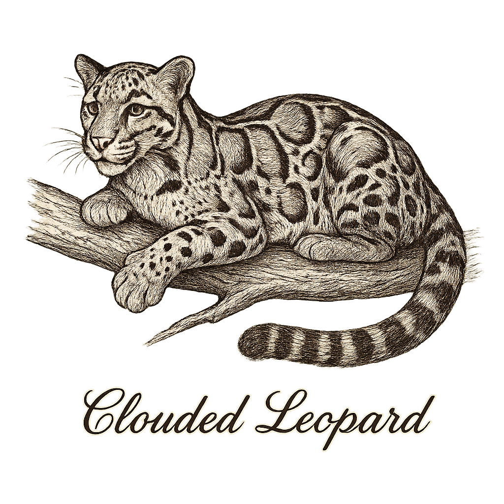 A flat, neutral graphic of a graceful sketch of a clouded leopard resting on a branch. “clouded leopard” appears in cursive below. detailed ink illustration on a white background. - a t-shirt design