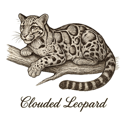 A flat, neutral graphic of a graceful sketch of a clouded leopard resting on a branch. “clouded leopard” appears in cursive below. detailed ink illustration on a white background. - a t-shirt design