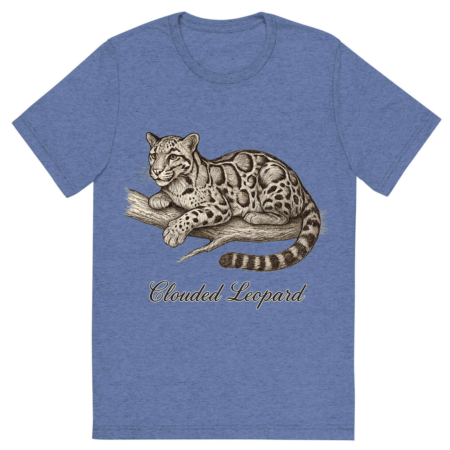 Front view of a Premium Tri-Blend Crew Neck T-Shirt in Blue showing 'A flat, neutral graphic of a graceful sketch of a clouded leopard resting on a branch. “clouded leopard” appears in cursive below. detailed ink illustration on a white background.'