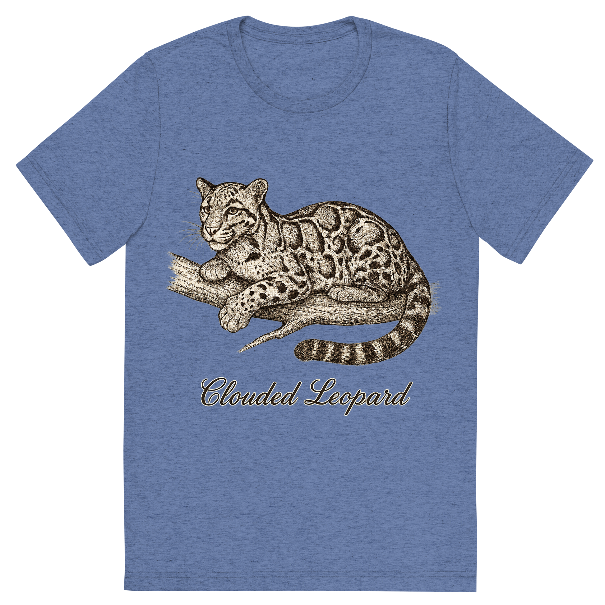 Front view of a Premium Tri-Blend Crew Neck T-Shirt in Blue showing 'A flat, neutral graphic of a graceful sketch of a clouded leopard resting on a branch. “clouded leopard” appears in cursive below. detailed ink illustration on a white background.'