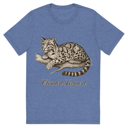 Front view of a Premium Tri-Blend Crew Neck T-Shirt in Blue showing 'A flat, neutral graphic of a graceful sketch of a clouded leopard resting on a branch. “clouded leopard” appears in cursive below. detailed ink illustration on a white background.'