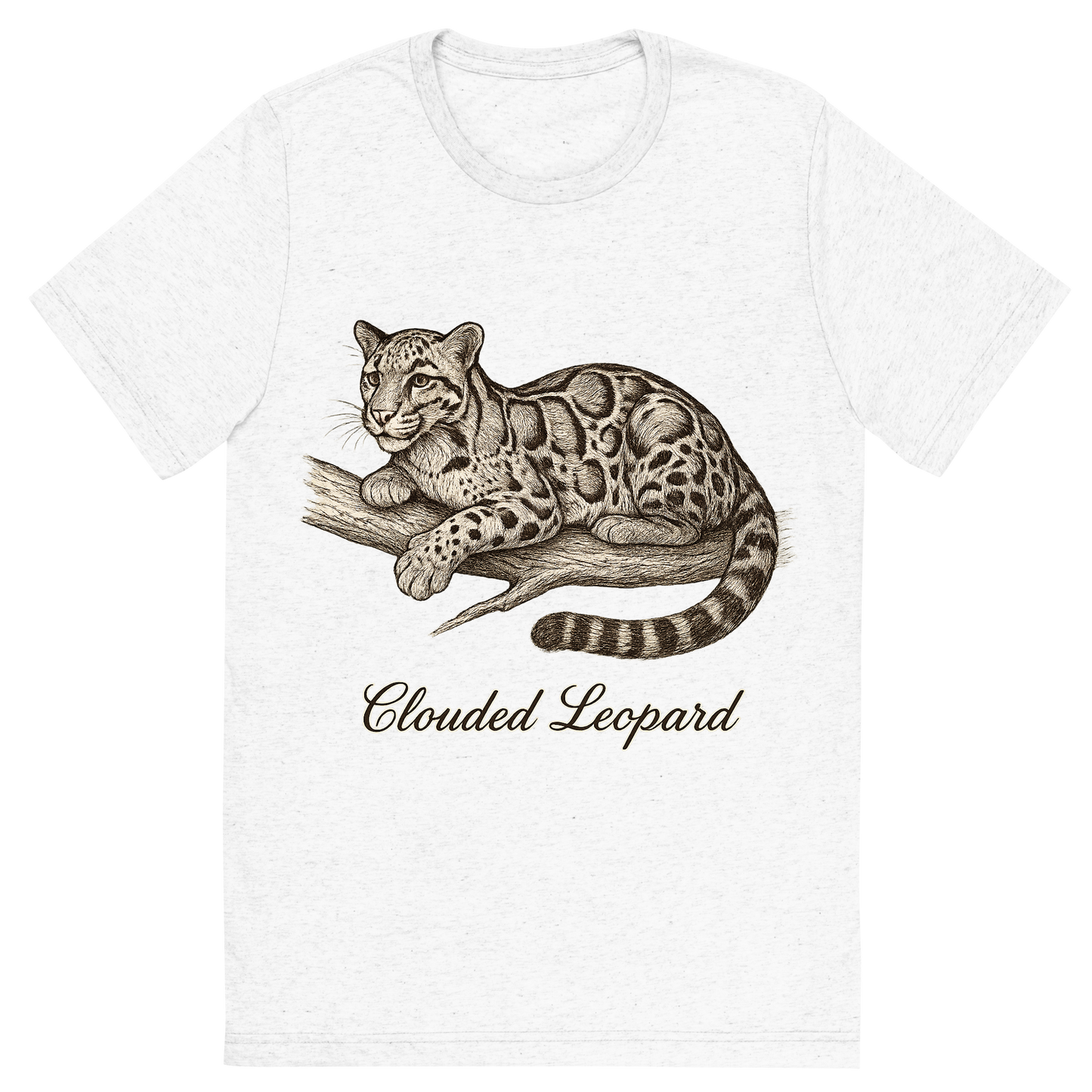 Front view of a Premium Tri-Blend Crew Neck T-Shirt in Solid White showing 'A flat, neutral graphic of a graceful sketch of a clouded leopard resting on a branch. “clouded leopard” appears in cursive below. detailed ink illustration on a white background.'
