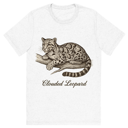 Front view of a Premium Tri-Blend Crew Neck T-Shirt in Solid White showing 'A flat, neutral graphic of a graceful sketch of a clouded leopard resting on a branch. “clouded leopard” appears in cursive below. detailed ink illustration on a white background.'