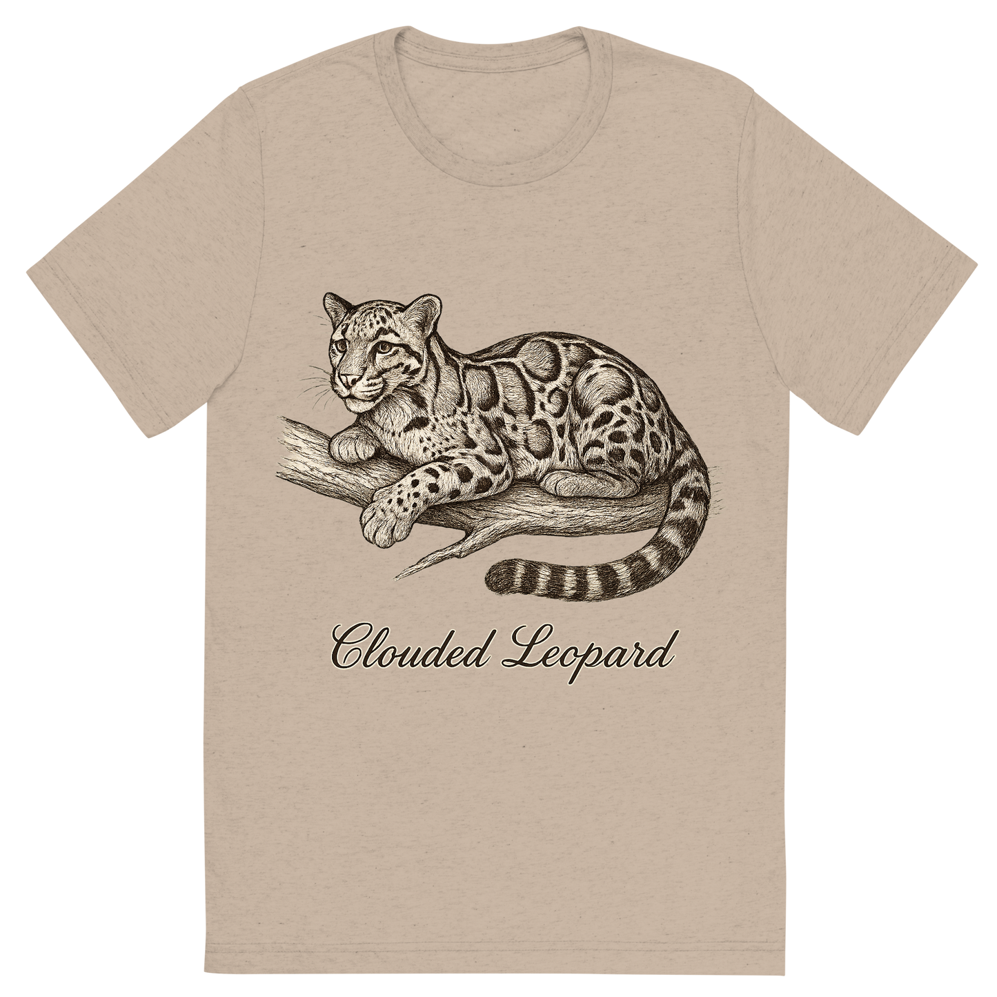 Front view of a Premium Tri-Blend Crew Neck T-Shirt in Tan showing 'A flat, neutral graphic of a graceful sketch of a clouded leopard resting on a branch. “clouded leopard” appears in cursive below. detailed ink illustration on a white background.'