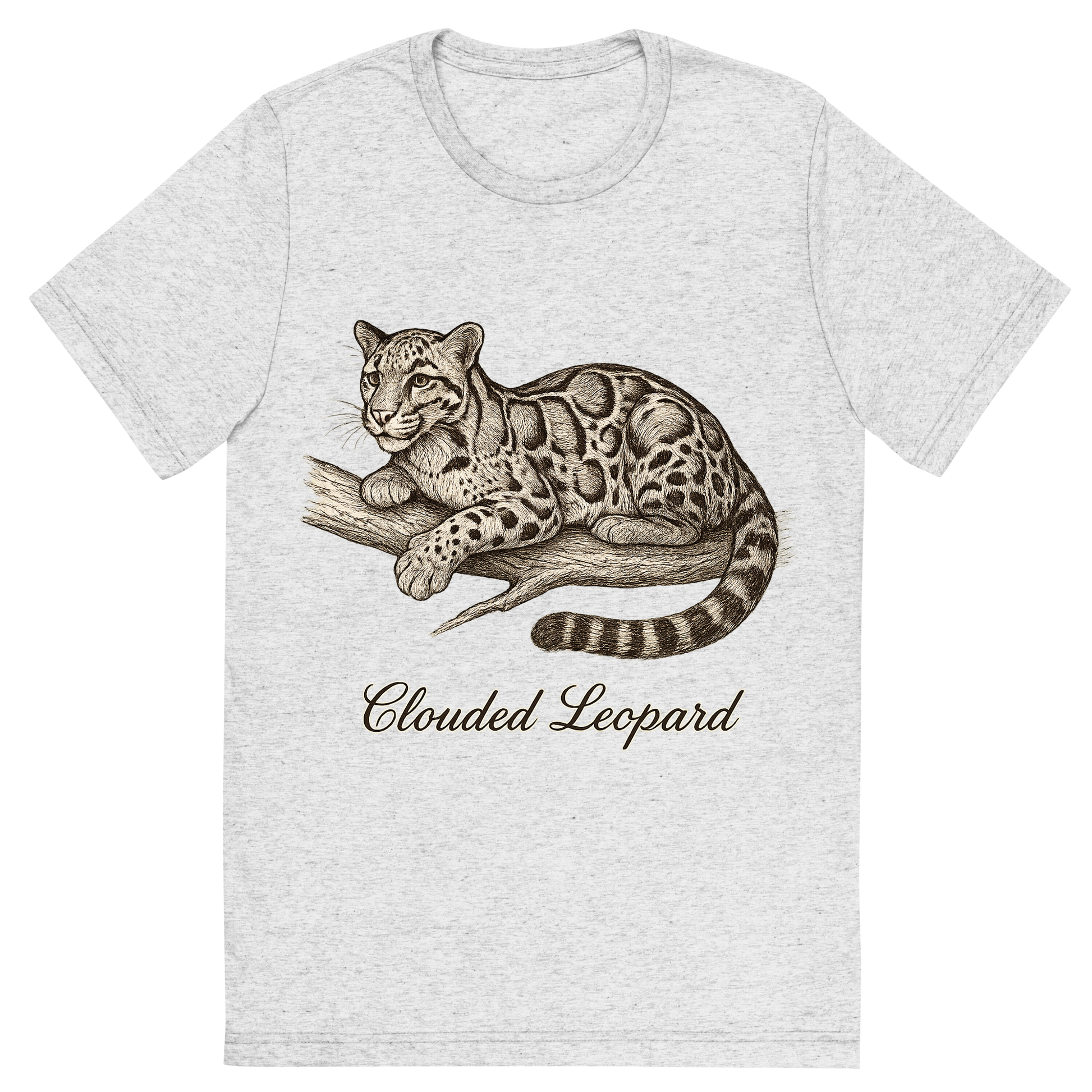Front view of a Premium Tri-Blend Crew Neck T-Shirt in White Fleck showing 'A flat, neutral graphic of a graceful sketch of a clouded leopard resting on a branch. “clouded leopard” appears in cursive below. detailed ink illustration on a white background.'