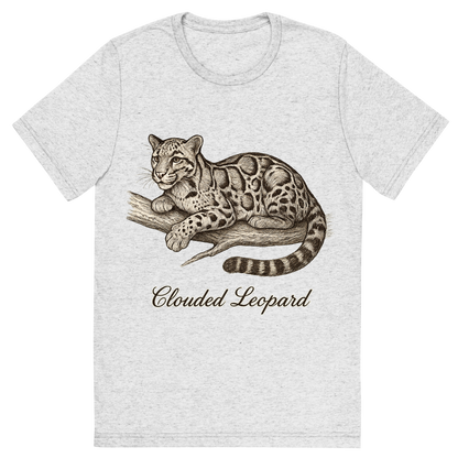 Front view of a Premium Tri-Blend Crew Neck T-Shirt in White Fleck showing 'A flat, neutral graphic of a graceful sketch of a clouded leopard resting on a branch. “clouded leopard” appears in cursive below. detailed ink illustration on a white background.'