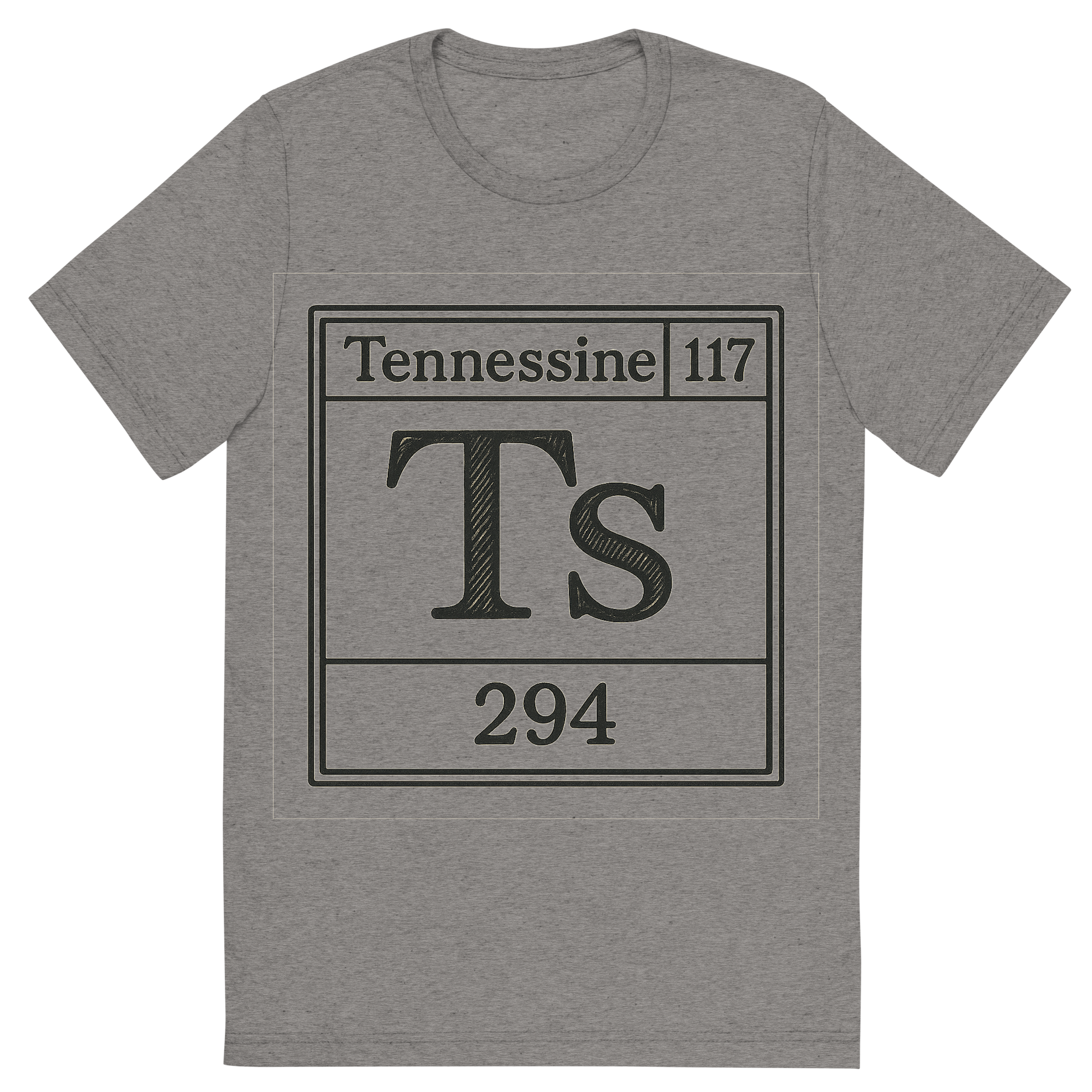 Front view of a Premium Tri-Blend Crew Neck T-Shirt in Grey showing 'A line art, nostalgic graphic of tennessine's entry on the periodic table, use a dark color for the lines and text'