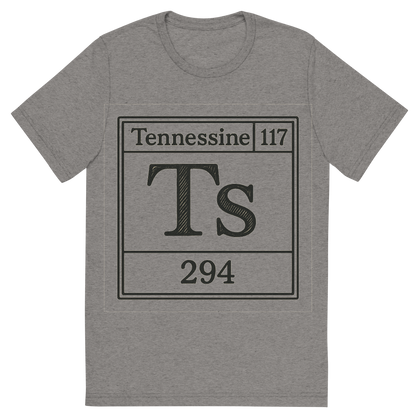 Front view of a Premium Tri-Blend Crew Neck T-Shirt in Grey showing 'A line art, nostalgic graphic of tennessine's entry on the periodic table, use a dark color for the lines and text'
