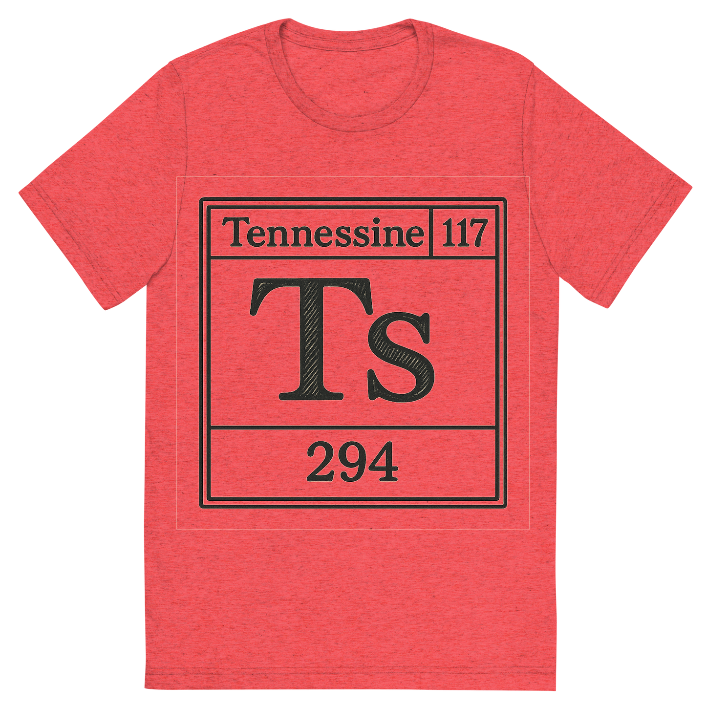 Front view of a Premium Tri-Blend Crew Neck T-Shirt in Red showing 'A line art, nostalgic graphic of tennessine's entry on the periodic table, use a dark color for the lines and text'
