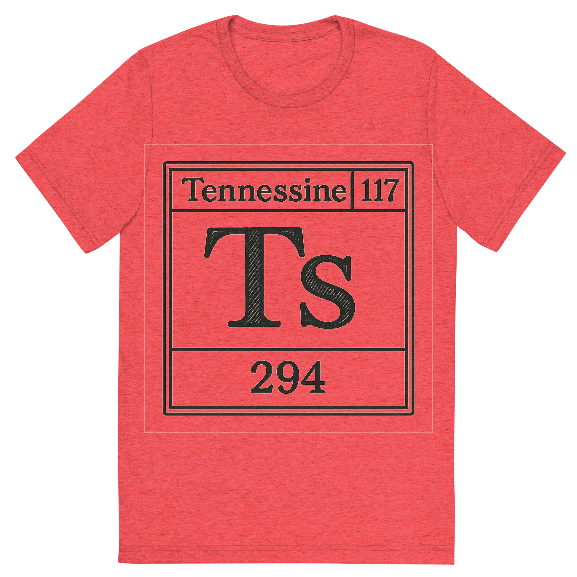 Front view of a Premium Tri-Blend Crew Neck T-Shirt in Red showing 'A line art, nostalgic graphic of tennessine's entry on the periodic table, use a dark color for the lines and text'