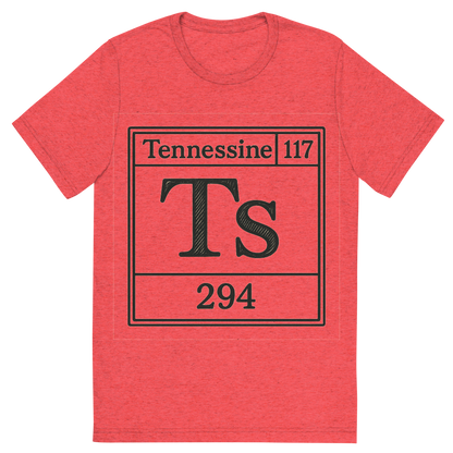 Front view of a Premium Tri-Blend Crew Neck T-Shirt in Red showing 'A line art, nostalgic graphic of tennessine's entry on the periodic table, use a dark color for the lines and text'