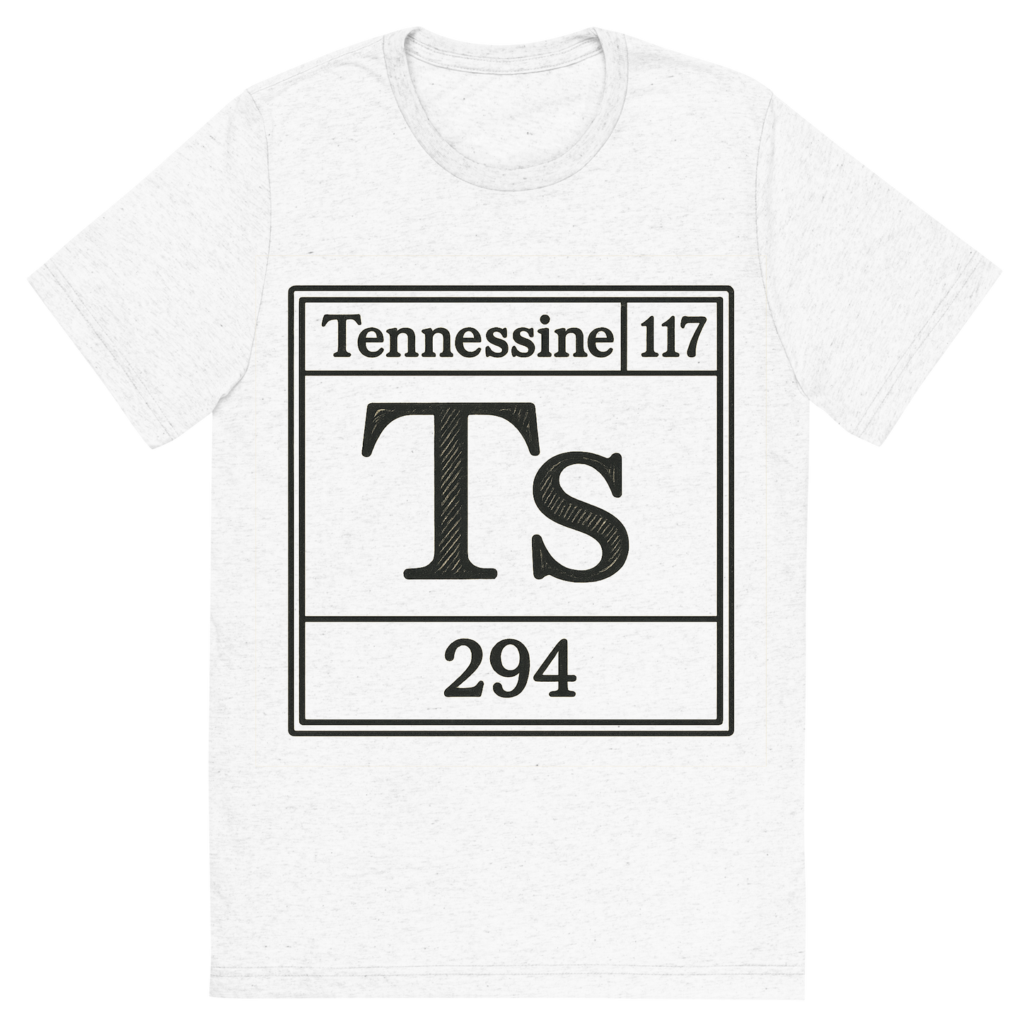 Front view of a Premium Tri-Blend Crew Neck T-Shirt in Solid White showing 'A line art, nostalgic graphic of tennessine's entry on the periodic table, use a dark color for the lines and text'