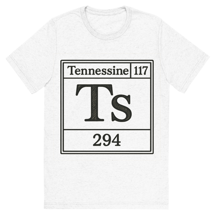 Front view of a Premium Tri-Blend Crew Neck T-Shirt in Solid White showing 'A line art, nostalgic graphic of tennessine's entry on the periodic table, use a dark color for the lines and text'