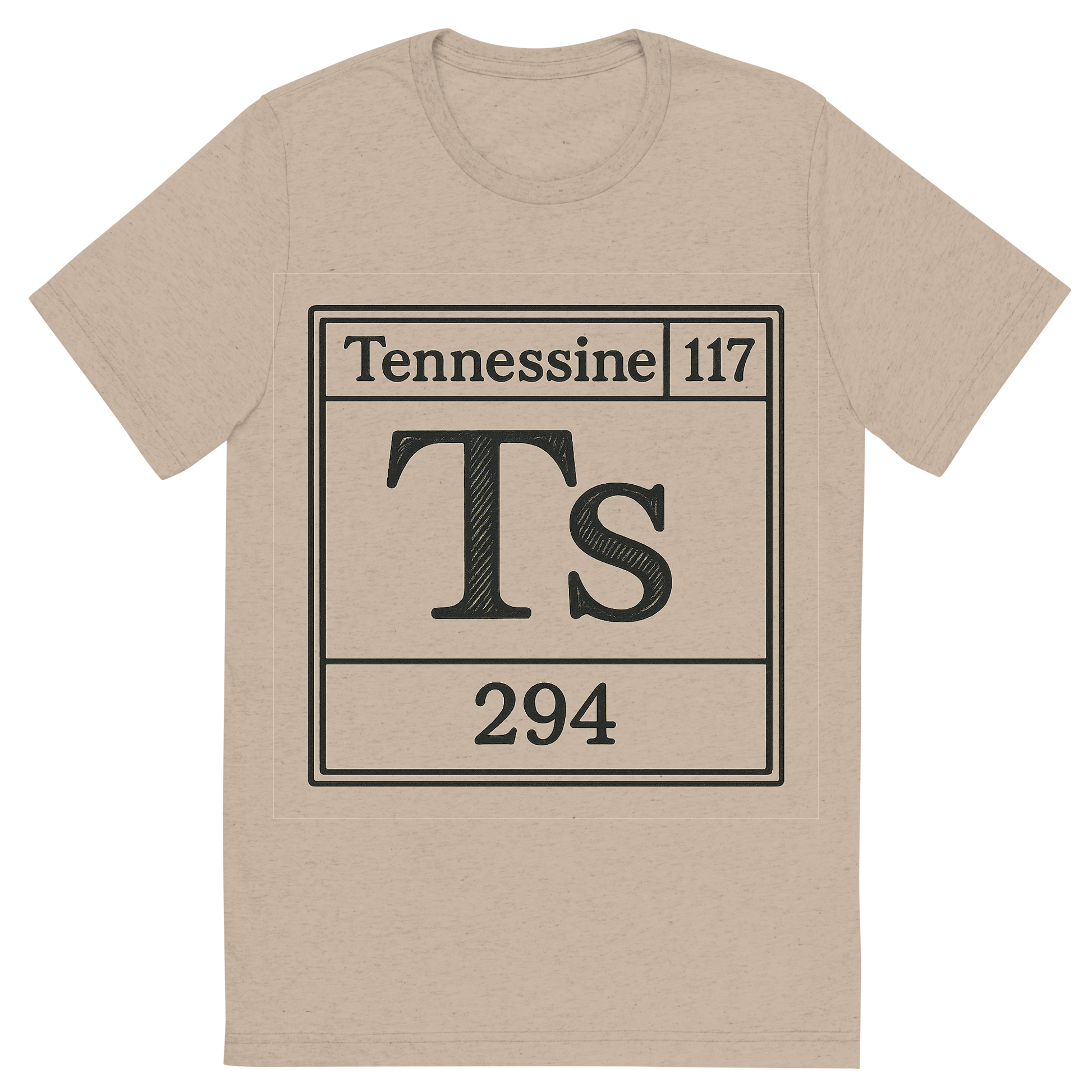 Front view of a Premium Tri-Blend Crew Neck T-Shirt in Tan showing 'A line art, nostalgic graphic of tennessine's entry on the periodic table, use a dark color for the lines and text'
