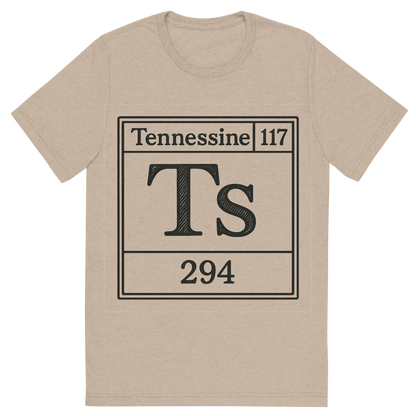 Front view of a Premium Tri-Blend Crew Neck T-Shirt in Tan showing 'A line art, nostalgic graphic of tennessine's entry on the periodic table, use a dark color for the lines and text'