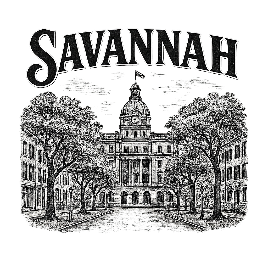 A typographic, nostalgic graphic of a typographic illustration of the words 'savannah' with a vintage line art drawing of the historic district – a t-shirt design