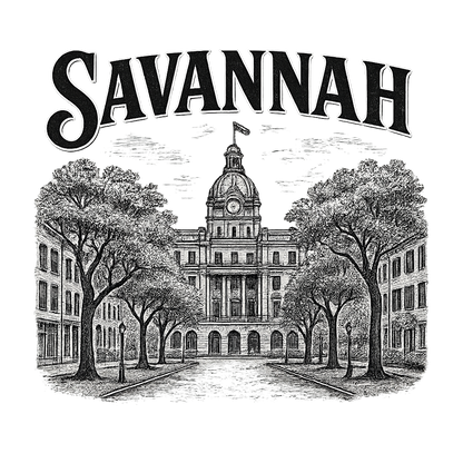 A typographic, nostalgic graphic of a typographic illustration of the words 'savannah' with a vintage line art drawing of the historic district – a t-shirt design