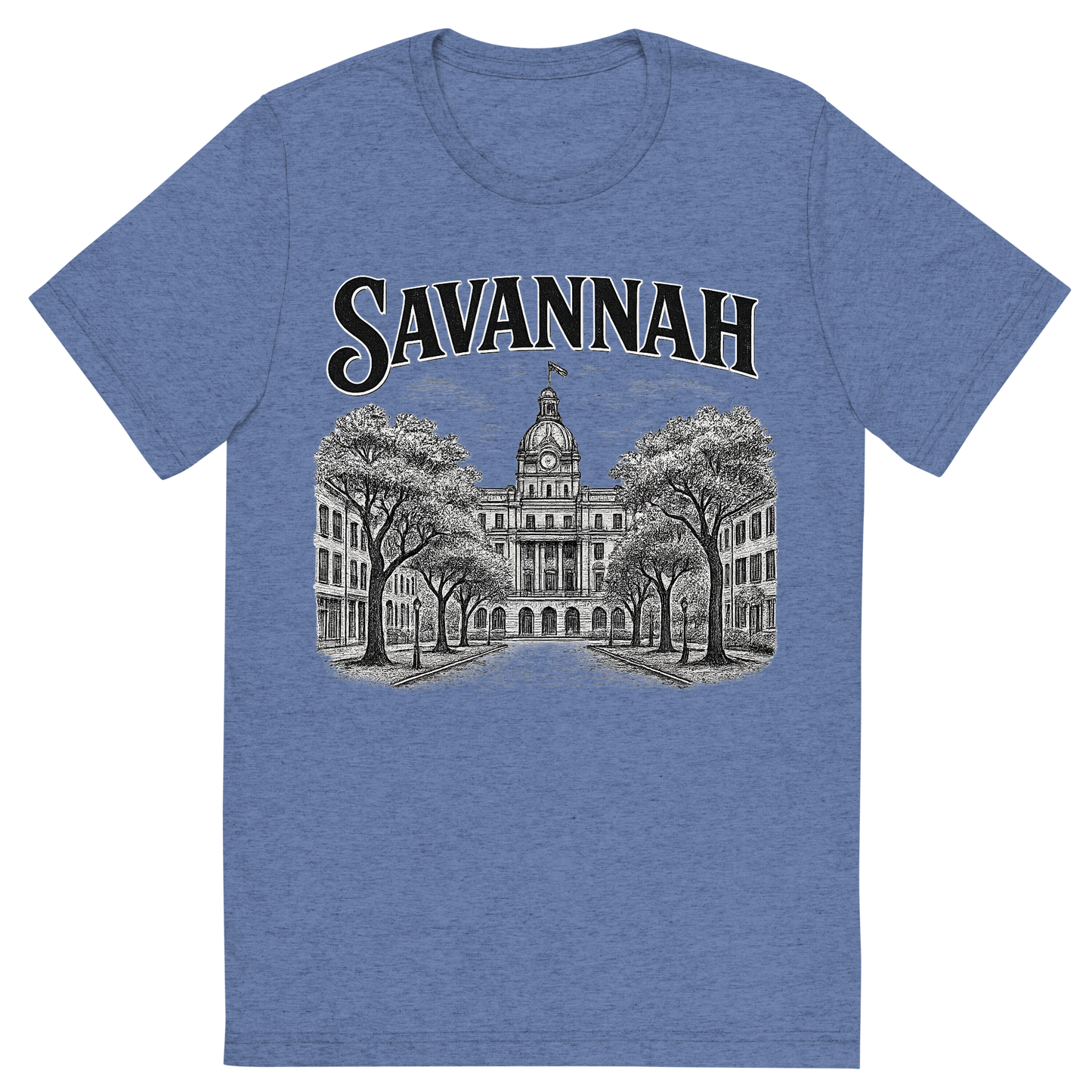 Front view of a Premium Tri-Blend Crew Neck T-Shirt in Blue showing 'A typographic, nostalgic graphic of a typographic illustration of the words 'savannah' with a vintage line art drawing of the historic district'