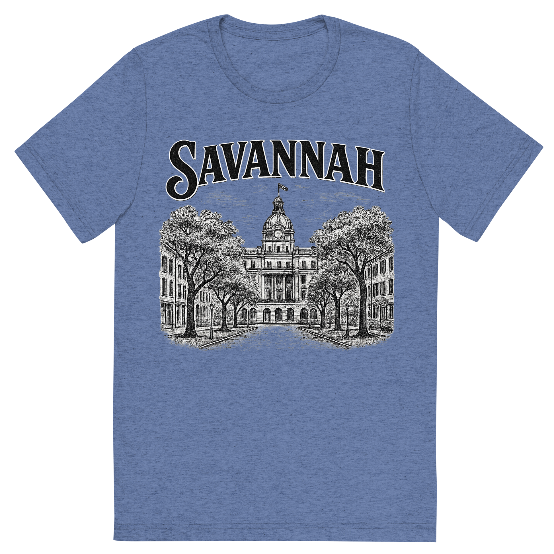 Front view of a Premium Tri-Blend Crew Neck T-Shirt in Blue showing 'A typographic, nostalgic graphic of a typographic illustration of the words 'savannah' with a vintage line art drawing of the historic district'