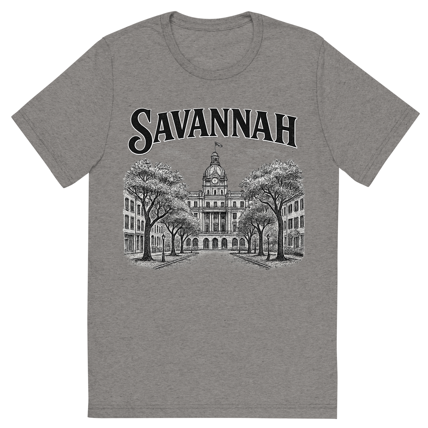 Front view of a Premium Tri-Blend Crew Neck T-Shirt in Grey showing 'A typographic, nostalgic graphic of a typographic illustration of the words 'savannah' with a vintage line art drawing of the historic district'